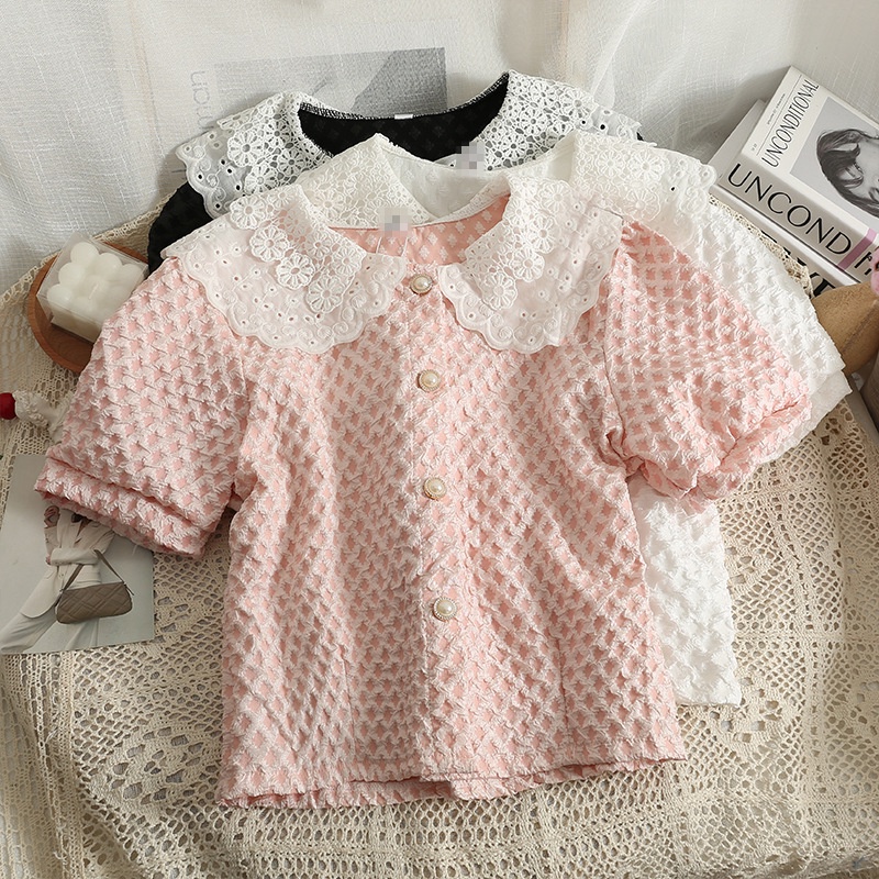 #Sisjuly# Wanita Blok Warna Berongga Boneka Kerah Single Breasted Cardigan Top Wanita Musim Panas Pe