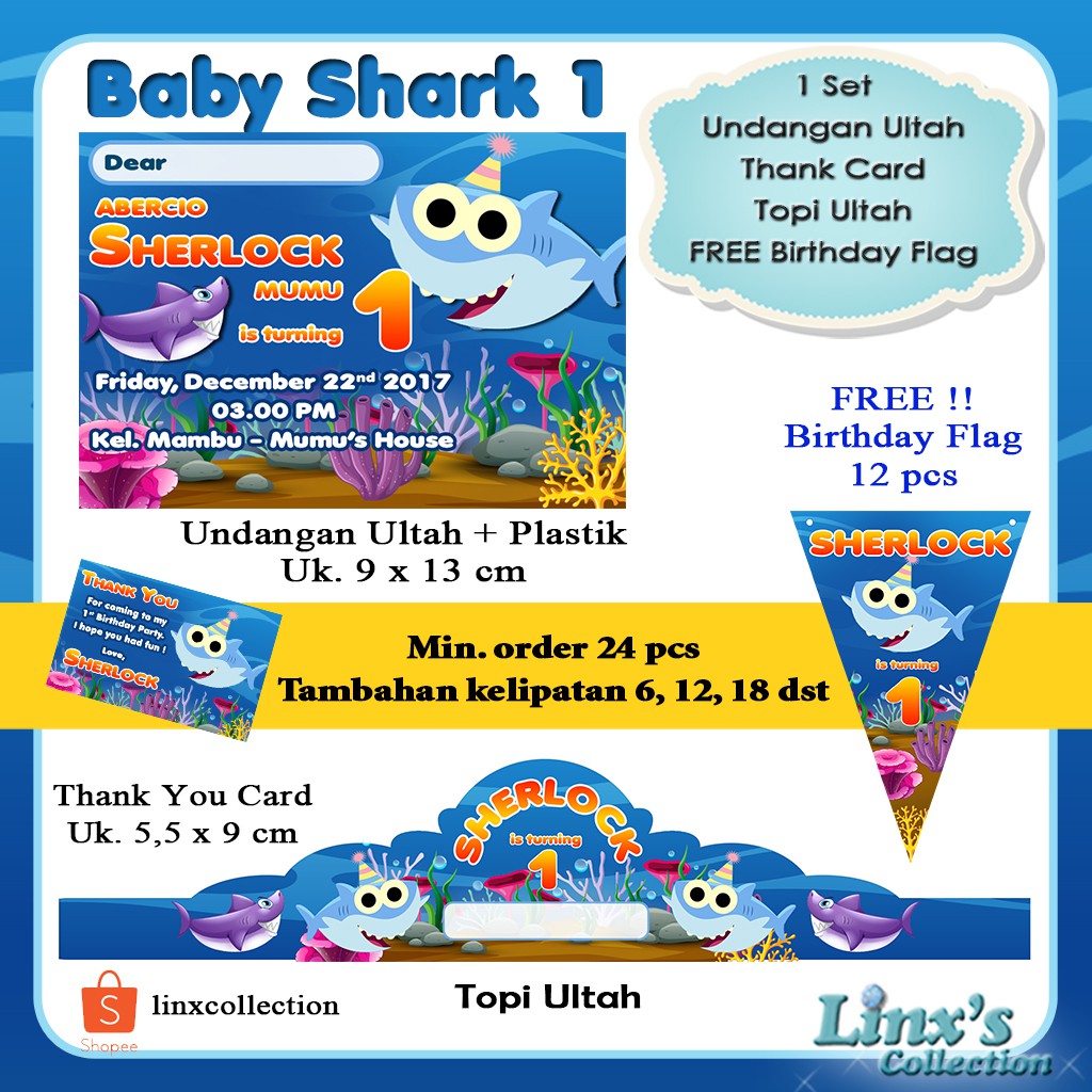 1 Set Undangan Ultah Anak Kartu Souvenir Topi Ulang Tahun Baby Shark