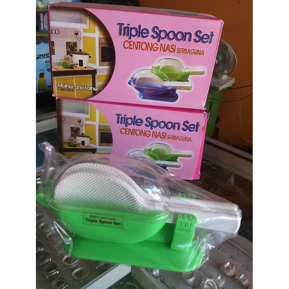 Triple Spoon Set / Centong Nasi Anti Lengket 3in1 dengan wadah anti lalat Higienis - Random Colour