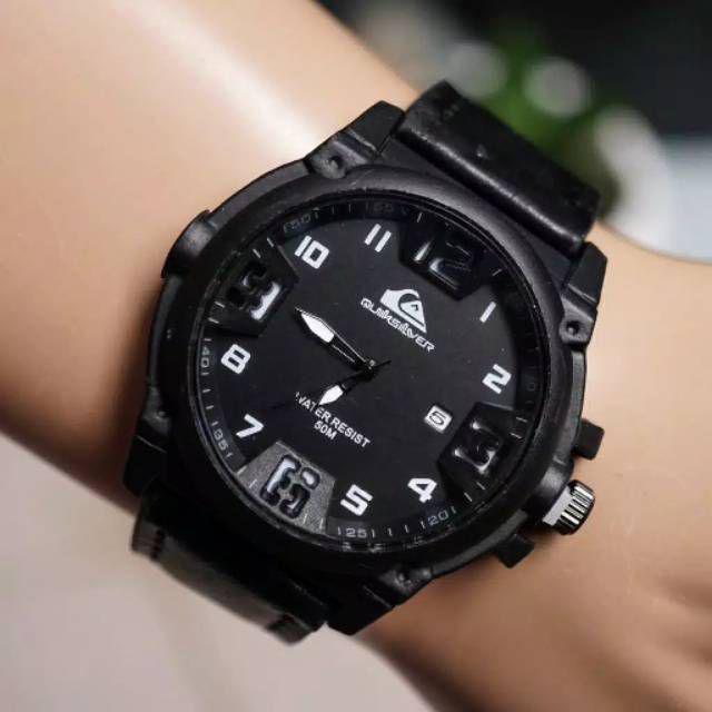 Jam Tangan Pria Sporty Quicksilver Tanggal Aktif Strap Kulit-Hitam