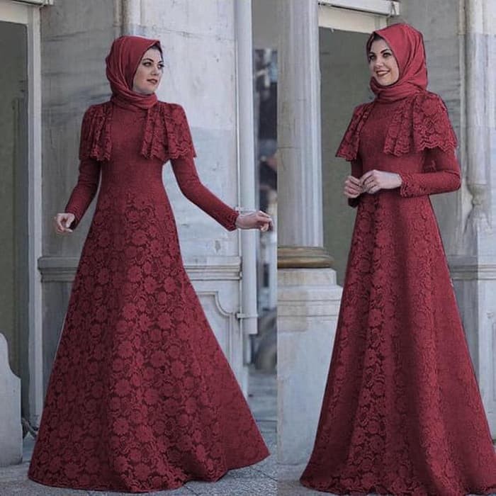 gamis cape minie maroon baju pesta brukat mewah bagus murah mx min vt