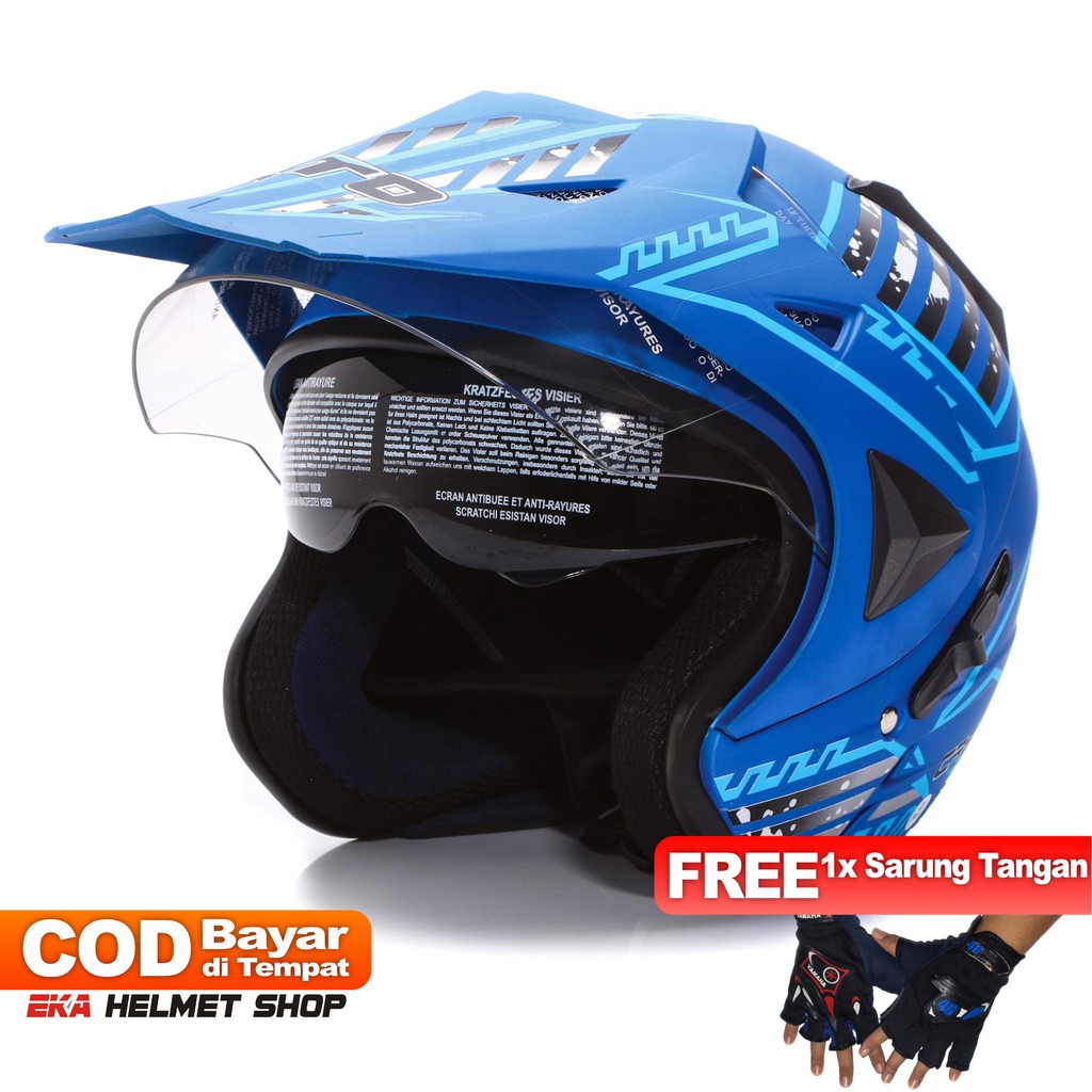 [Helm Dewasa] WTO Helmet Pro-Sight Cross - Seablue Doff + Promo Gratis Sarung Tangan