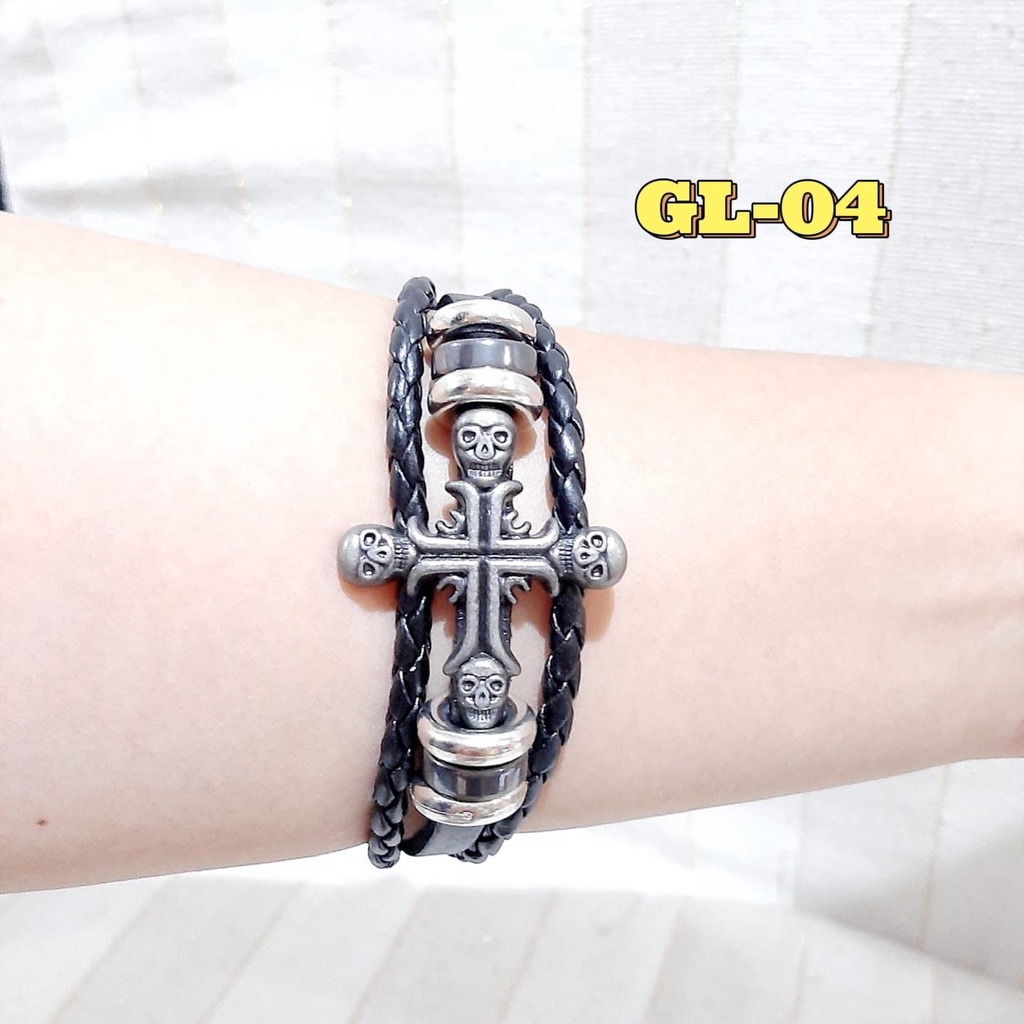 Gelang Motif TENGKORAK Bahan Tali Kulit Yang Dapat Diatur GL-04 Tali Hitam