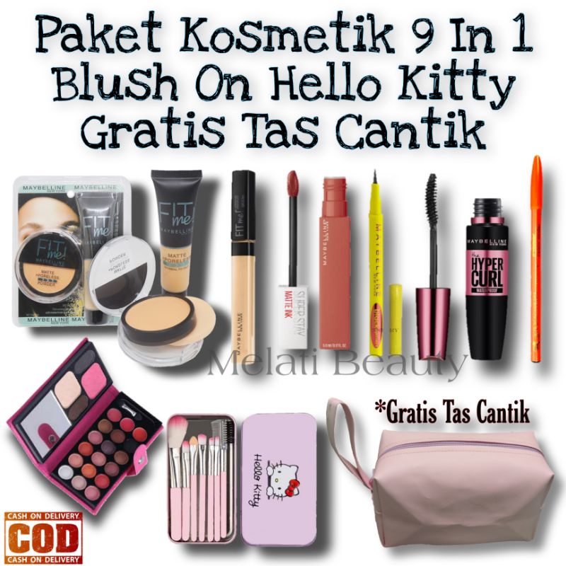 Paket Kosmetik 9 In 1 Blush On Hello Kitty / Paket Kosmetik Lengkap / Paket Kecantikan / Make Up Wanita / Blush On Hello Kitty / Fit Me Mika 2 In 1 / Kosmetik / Kecantikan / Make Up