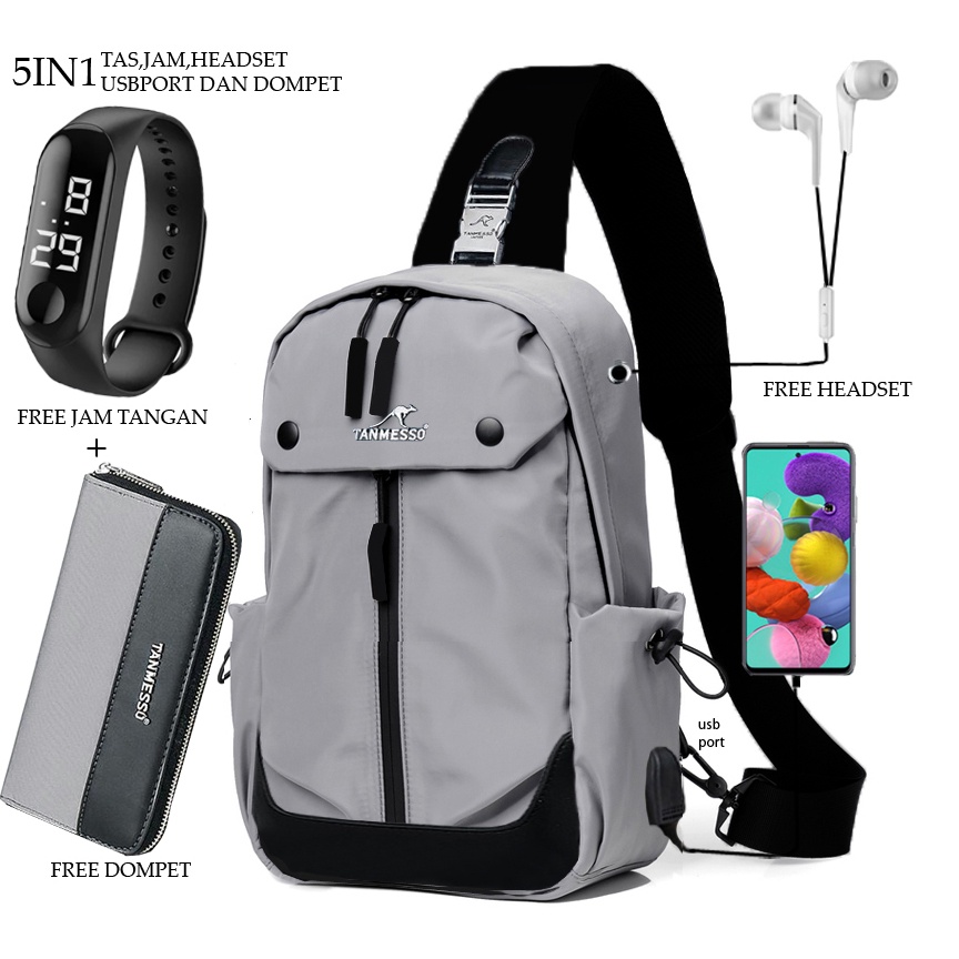 TANMESSO 5IN1 BAYAR DITEMPAT-BONUS JAM LED,DOMPET &amp; USBPORT&amp;HEADSET-tas selempang waterproof