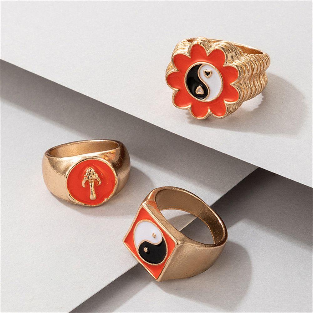 Nanas 3Pcs Cincin Jari Wanita Love Hati Yin Yang Enamel