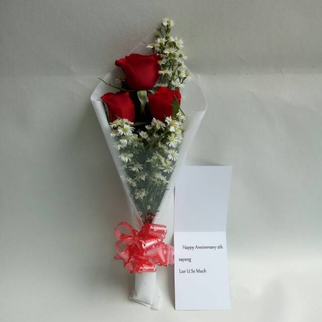 HAFFLORIST Bunga Mawar Asli Hand Buket Bunga Mawar Simpel Bouquet Isi 3 Tangkai