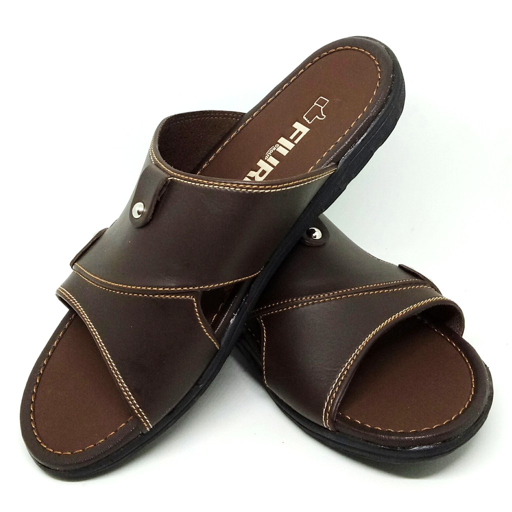 FIURI - Sandal Pria Single Slip On Coklat - Sendal Jepit Japit Kulit Selop Cowok Laki-Laki