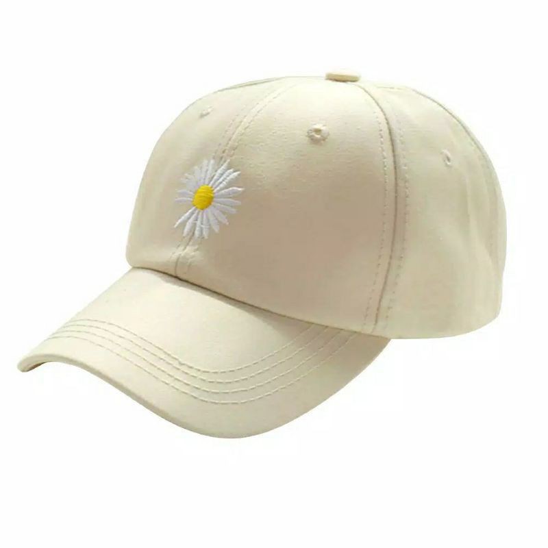 Topi Baseball Motif Bunga Daisy Kecil Gaya Hip Hop Untuk Wanita / Topi-Cream
