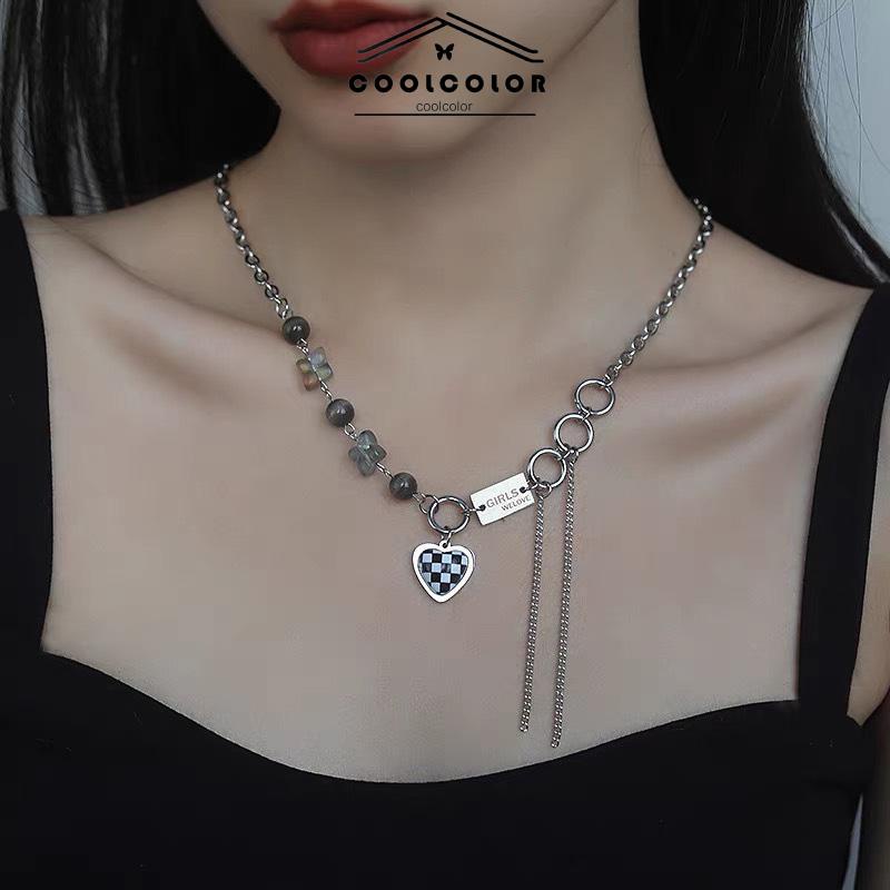 COD❤️Kalung Kotak-kotak Hati Manik-manik Kristal Lucu Wanita Pria Korea Liontin Hip Hop Anti Karat Dan Luntur Mewah Multi-layer Retro Murah Import Ready Stock