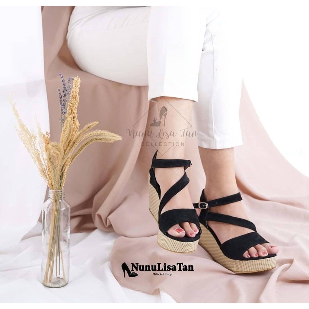 NunuLisaTan - Sepatu Hak Tali Wedges Wanita Terbaru FINALE 7cm hitam