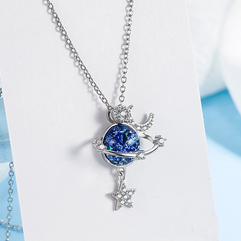 Kalung Rantai Sterling silver 925 Dengan Liontin Bintang / Bulan / planet Hias zircon Untuk Wanita