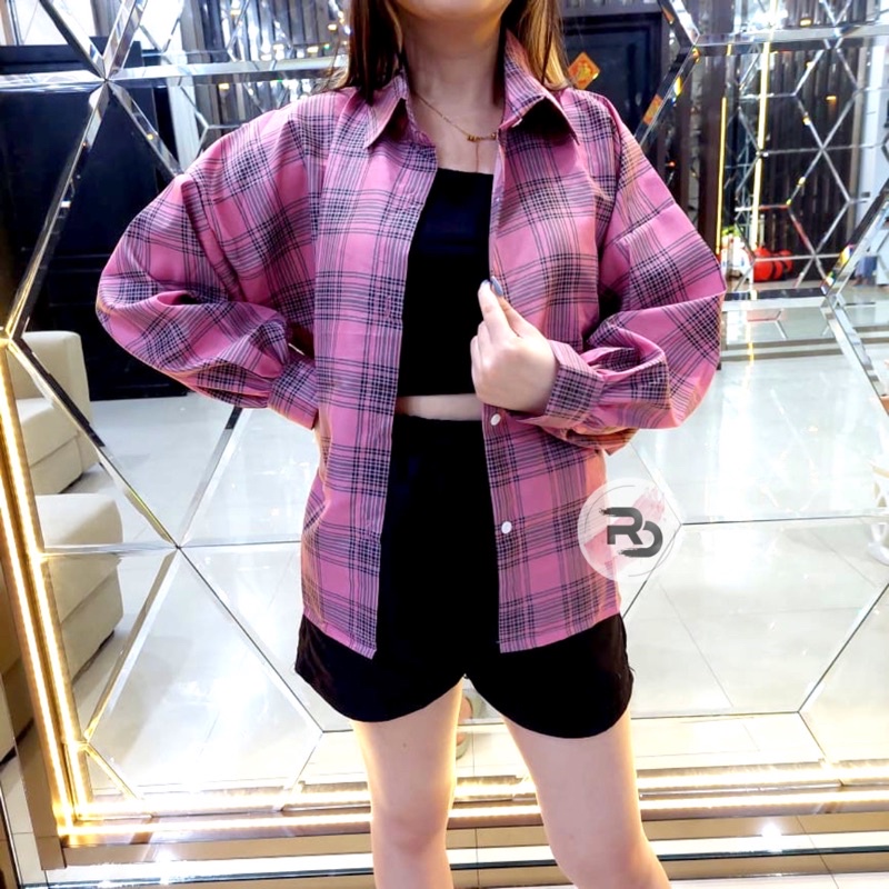 RD FASHION Kemeja Oslin Oversize | Kemeja Korea Jumbo Wanita | Bahan Creap - Fit to L-GLN PINK