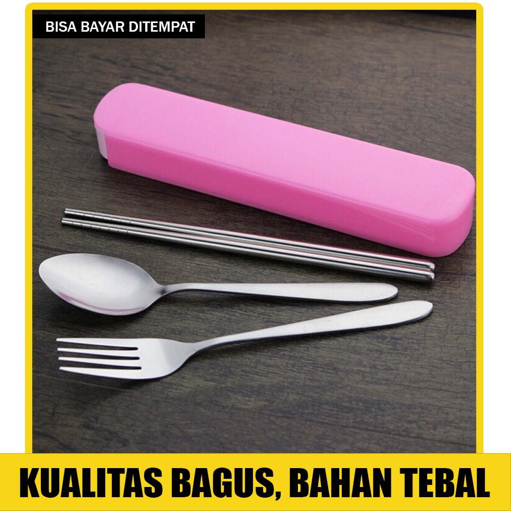 3 In 1 Sendok Garpu Sumpit Set Makan Stainless Plastik Alat Makan