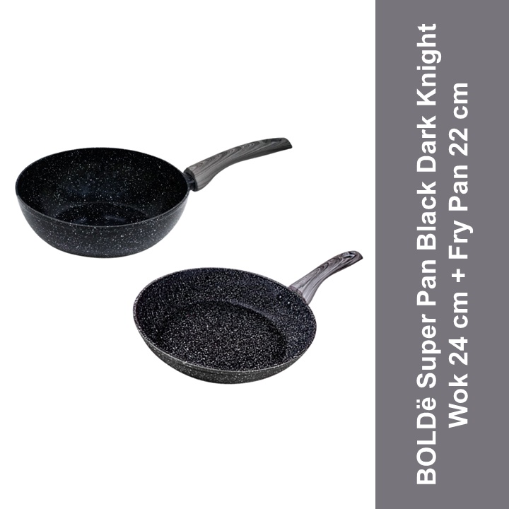 BOLDe Wajan + Peggorengan / Wok Fry Pan Super Pan Black Dark Knight 24 cm + 22 cm