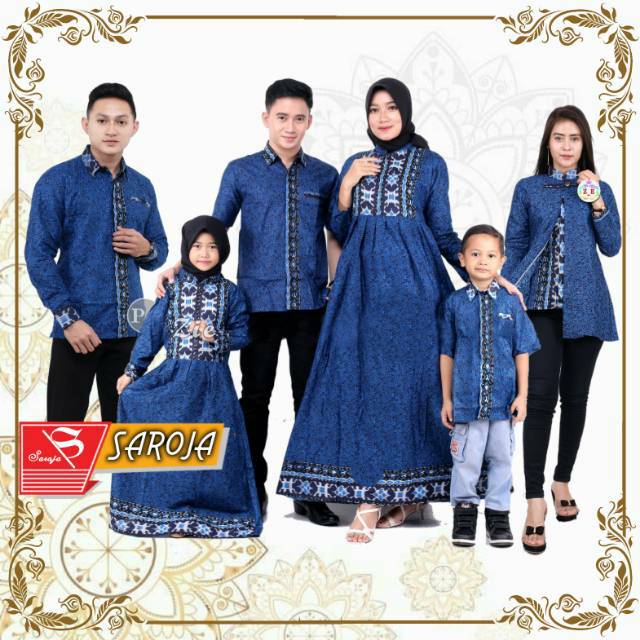 Saroja (077) Couple Keluarga Batik Gamis Batik Katun Premium Motif Mega Mendung Biru