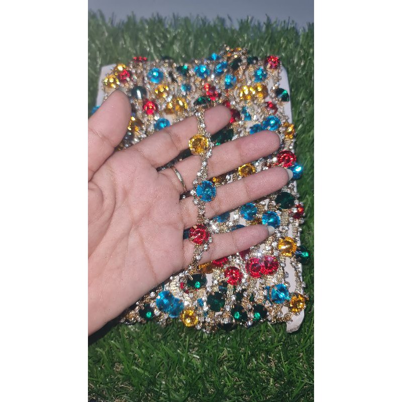 APLIKASI RENDA BERLIAN (27.gold warna-warni) MIRIP SWAROVSKI per10CM