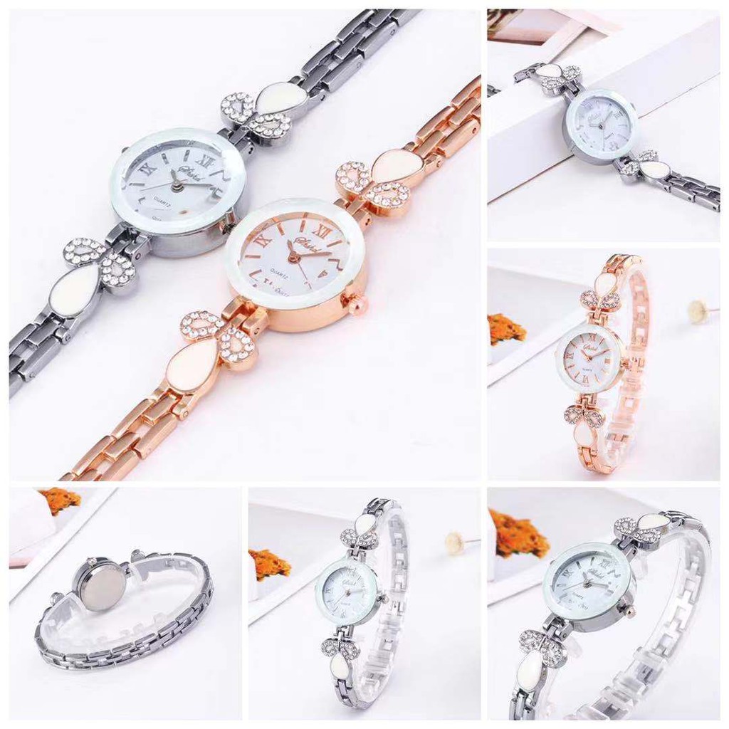 Jam Tangan Quartz Analog Model Gelang Aksen Berlian Imitasi Mewah Untuk Wanita