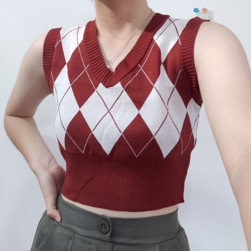 【BISA COD】Rose Blackpink Argyle Crop Knit Vest Korean Style Rompi Dupes Rajut Import Premium
