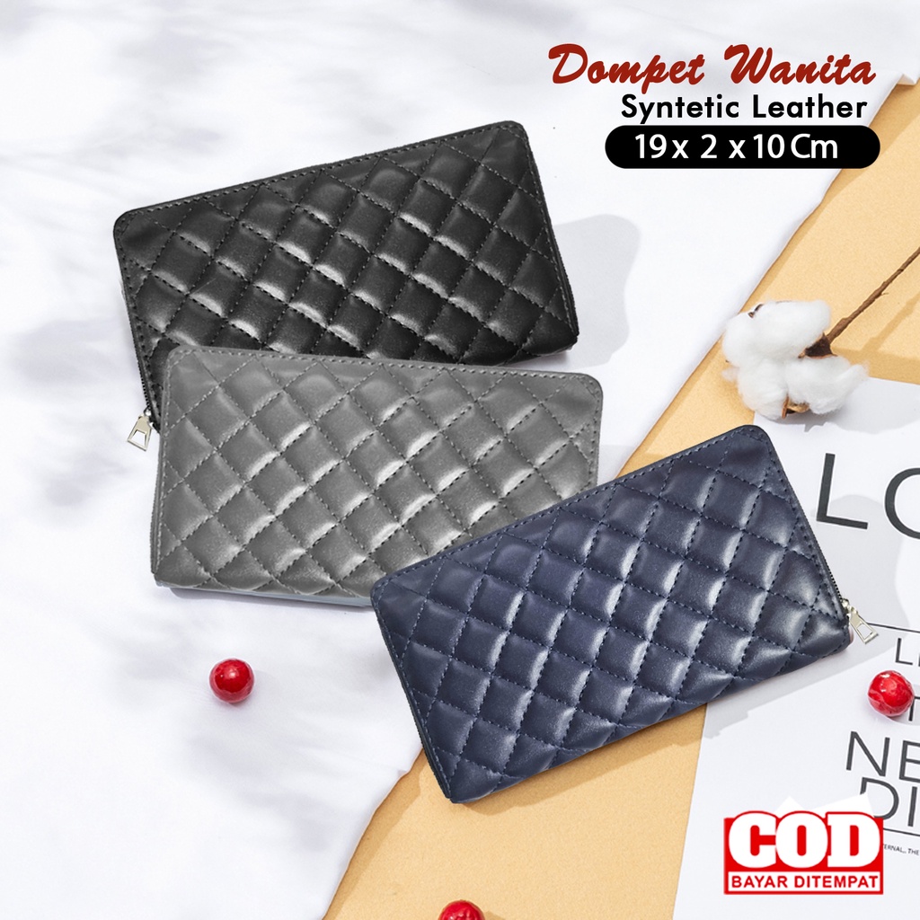 Dompet wanita kulit sintetis tempat Hp dan Uang dompet panjang wanita travel organizer dompet panjang motif kotak embos