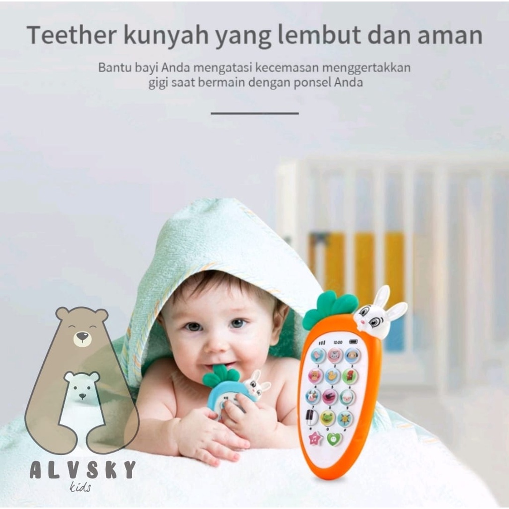 MAINAN EDUKASI ANAK BAYI HANDPHONE BUNYI TELEPON SILIKON BENTUK WORTEL KELINCI