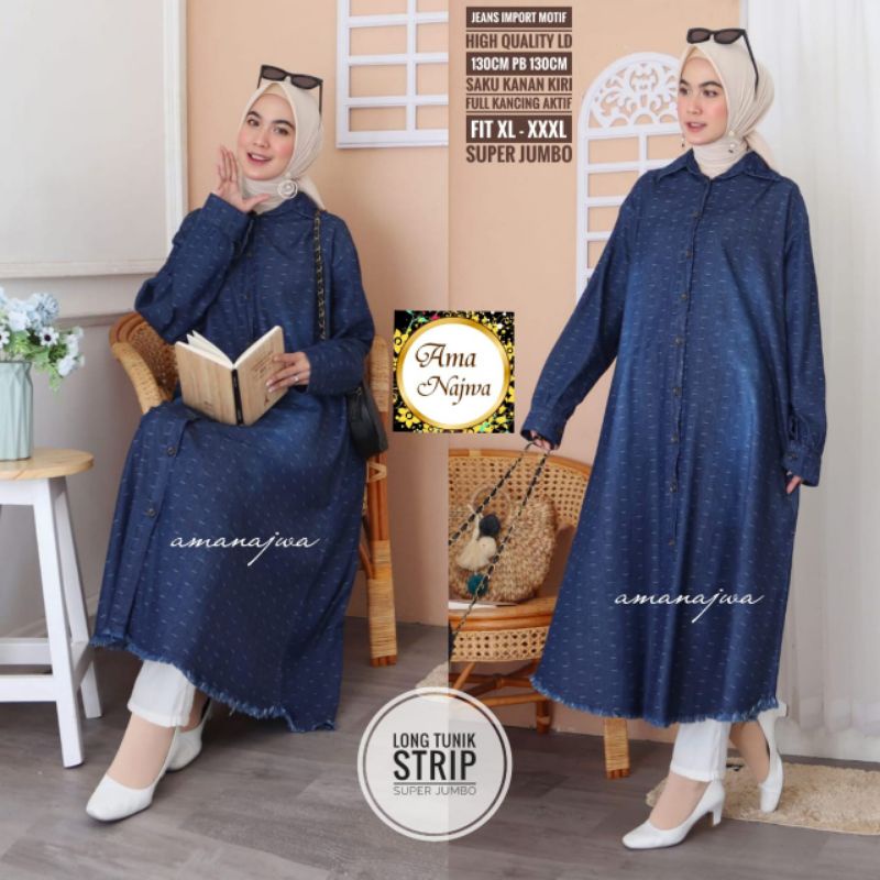NEW BESTSELLER LONG TUNIK STRIP JEANS WANITA JUMBO LD 130CM