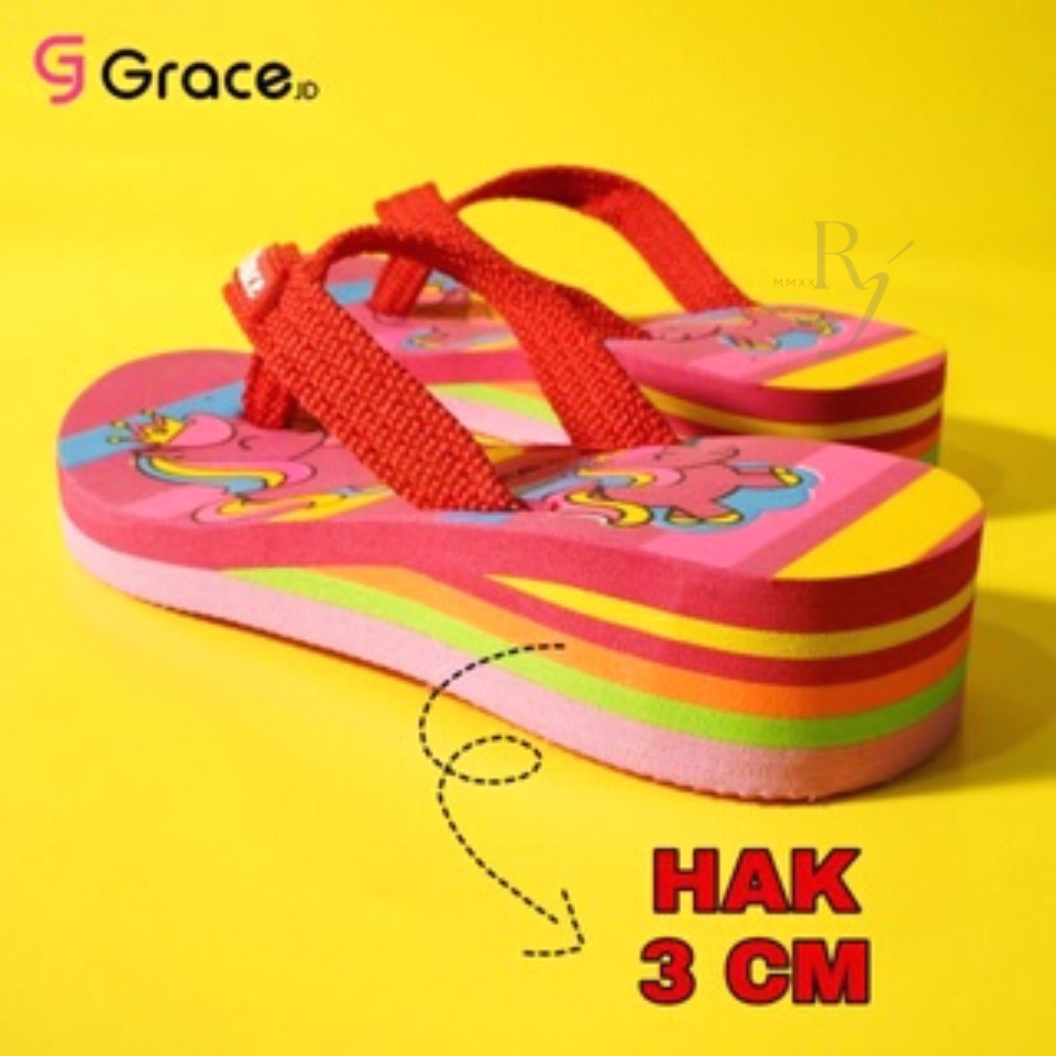 GRACE [NOIR HK 26-35] Sandal Japit Anak Perempuan Spon Hak Pelangi/ Sendal Jepit Little Pony Wedges