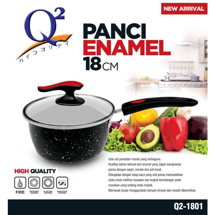 Sauce Pan enamel saucepan Q2 20cm 18cm + tutup kaca Panci Saus Panci Susu Anti Lengket BAHAN enamel