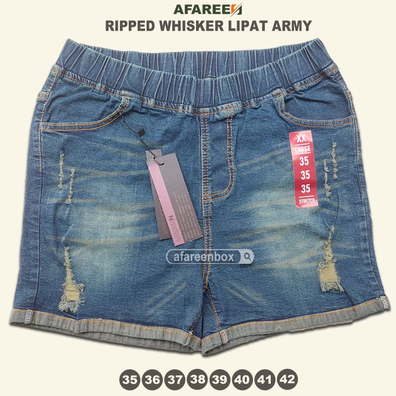 AFAREEN - Hotpant Jeans Ripped Whisker Stretch/ Melar Celana Pendek Jeans Wanita Korean Style Big Size Jumbo size 35-42