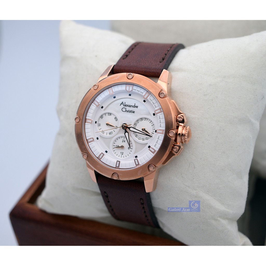 Alexandre Christie AC 6416 Rose Gold dial White Leather Brown Ladies Original