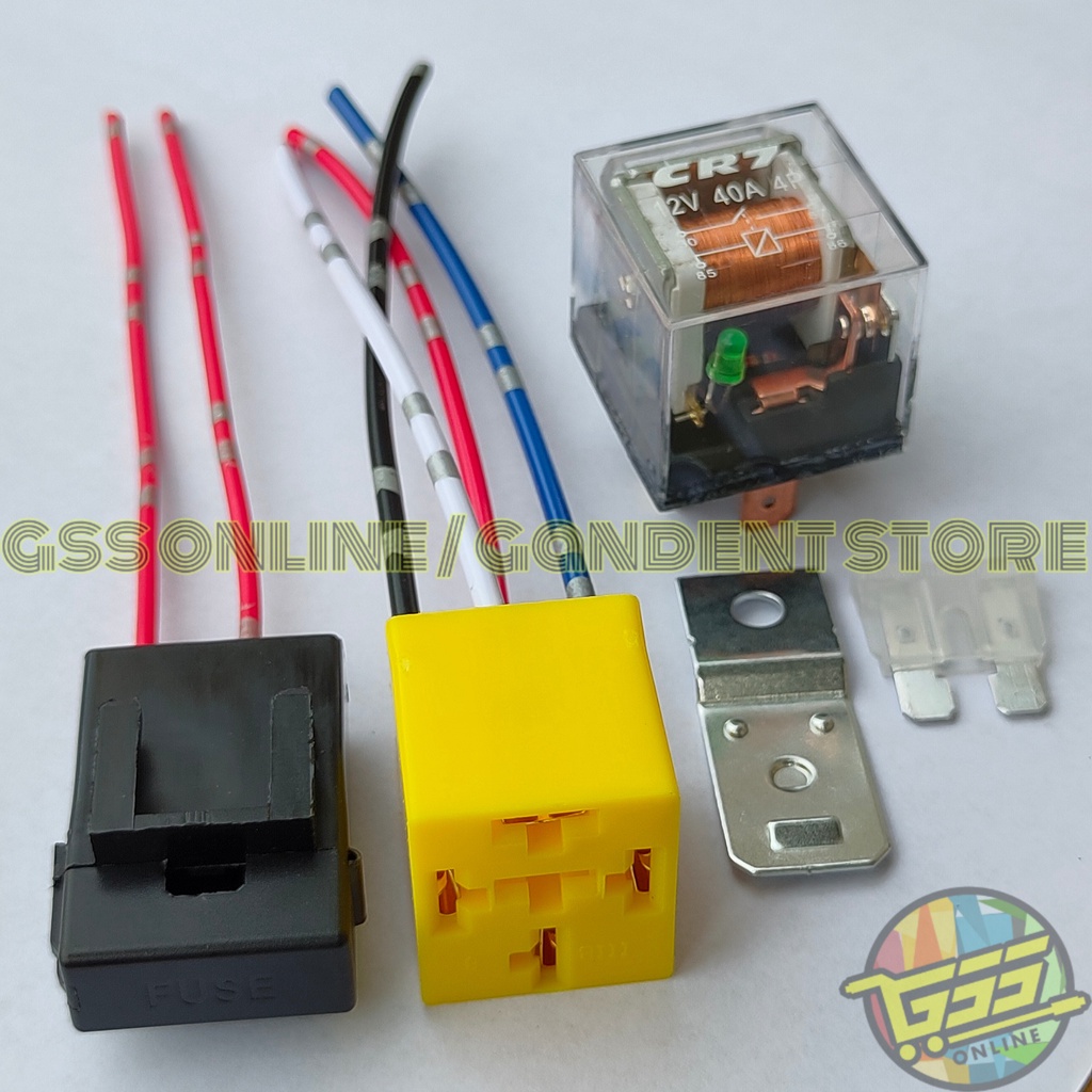 Paket lengkap Relay CR7 original 12v 30a kaki 4 socket relay kaki 4 dan rumah sekring kabel kecil