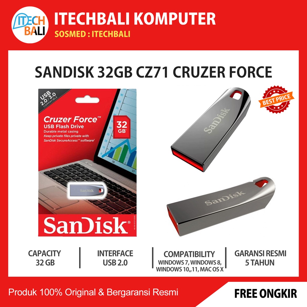 Flashdisk SANDISK 32GB Cruzer Force CZ71 usb 2.0 | ITECHBALI