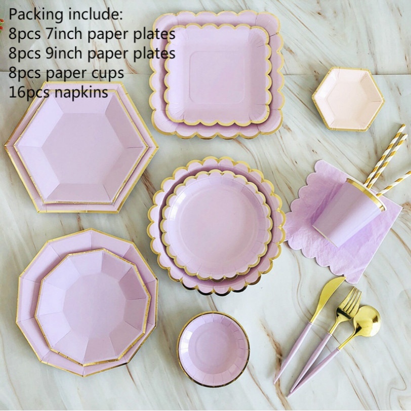 40pcs/set Purple Bronzing Paper Plate Cup Napkin Disposable Tableware