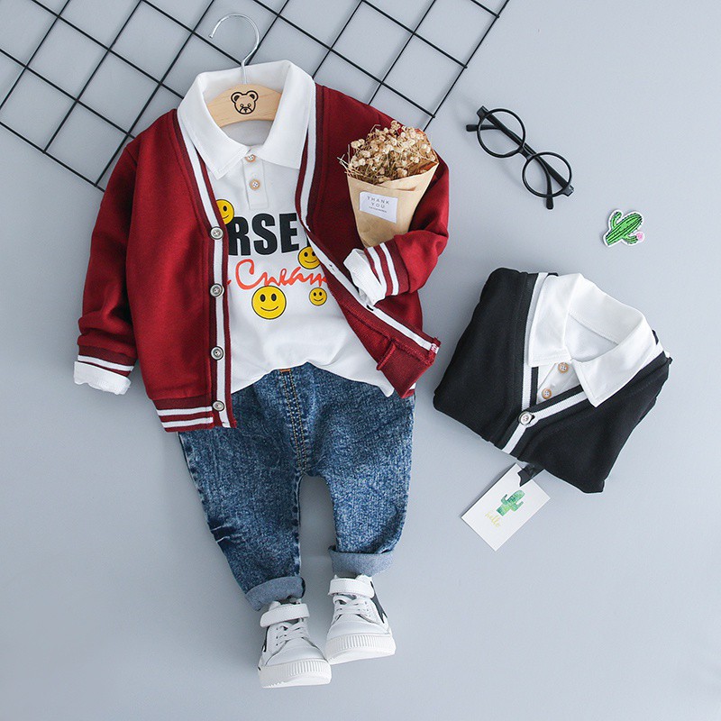 BOBORA Set 3Pcs Kaos T Shirt Bayi Laki Laki Lengan Panjang