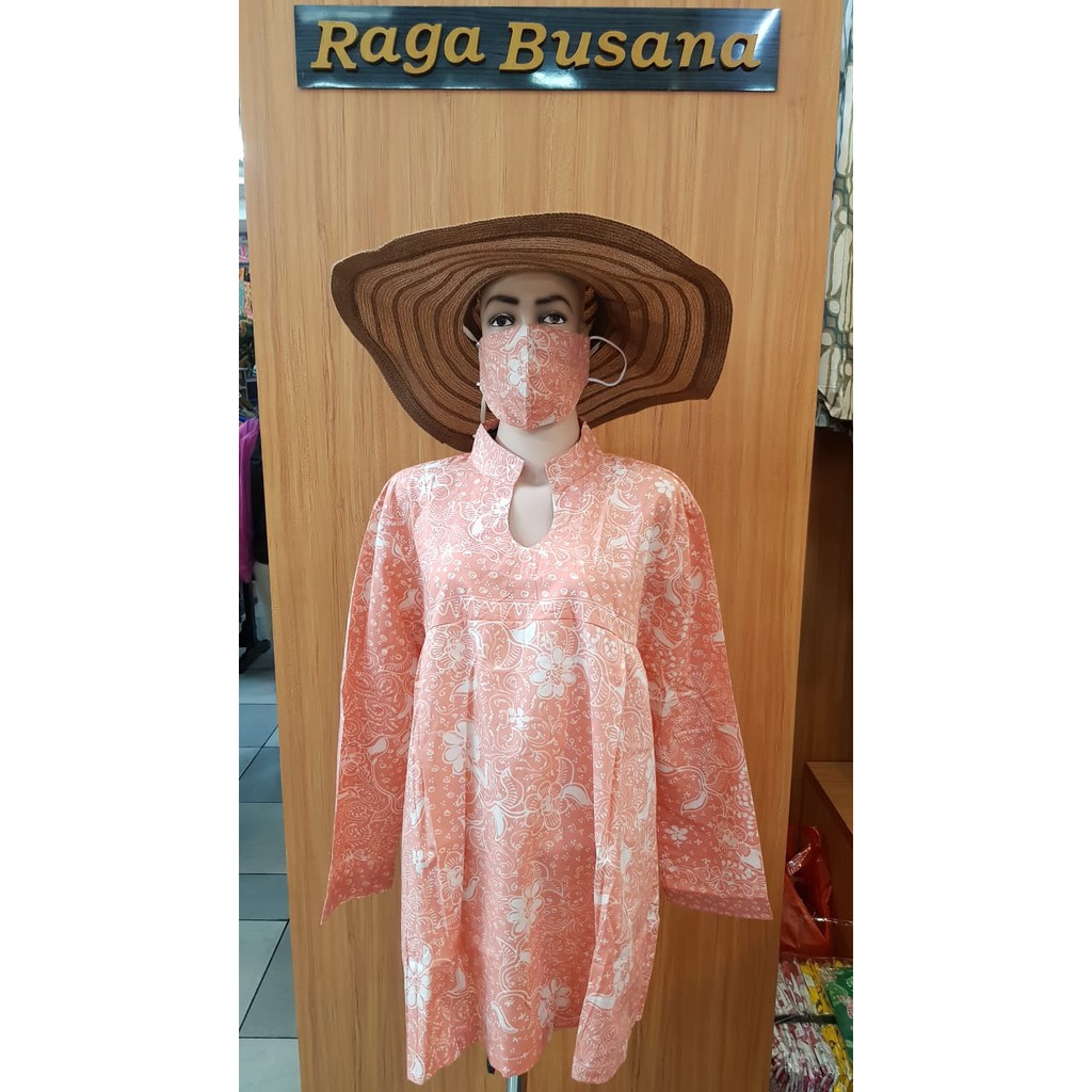 Batik lengan panjang wanita Lasem Orange Bunga Putih+(free) masker