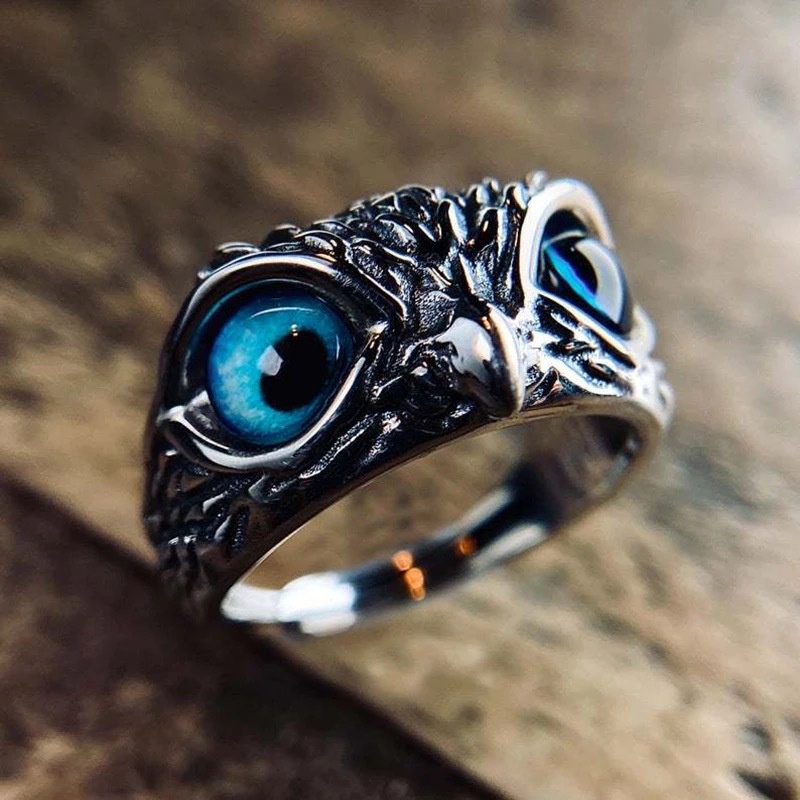 Cincin Desain Mata Iblis Burung Hantu Warna Biru Untuk Pria Dan Wanita