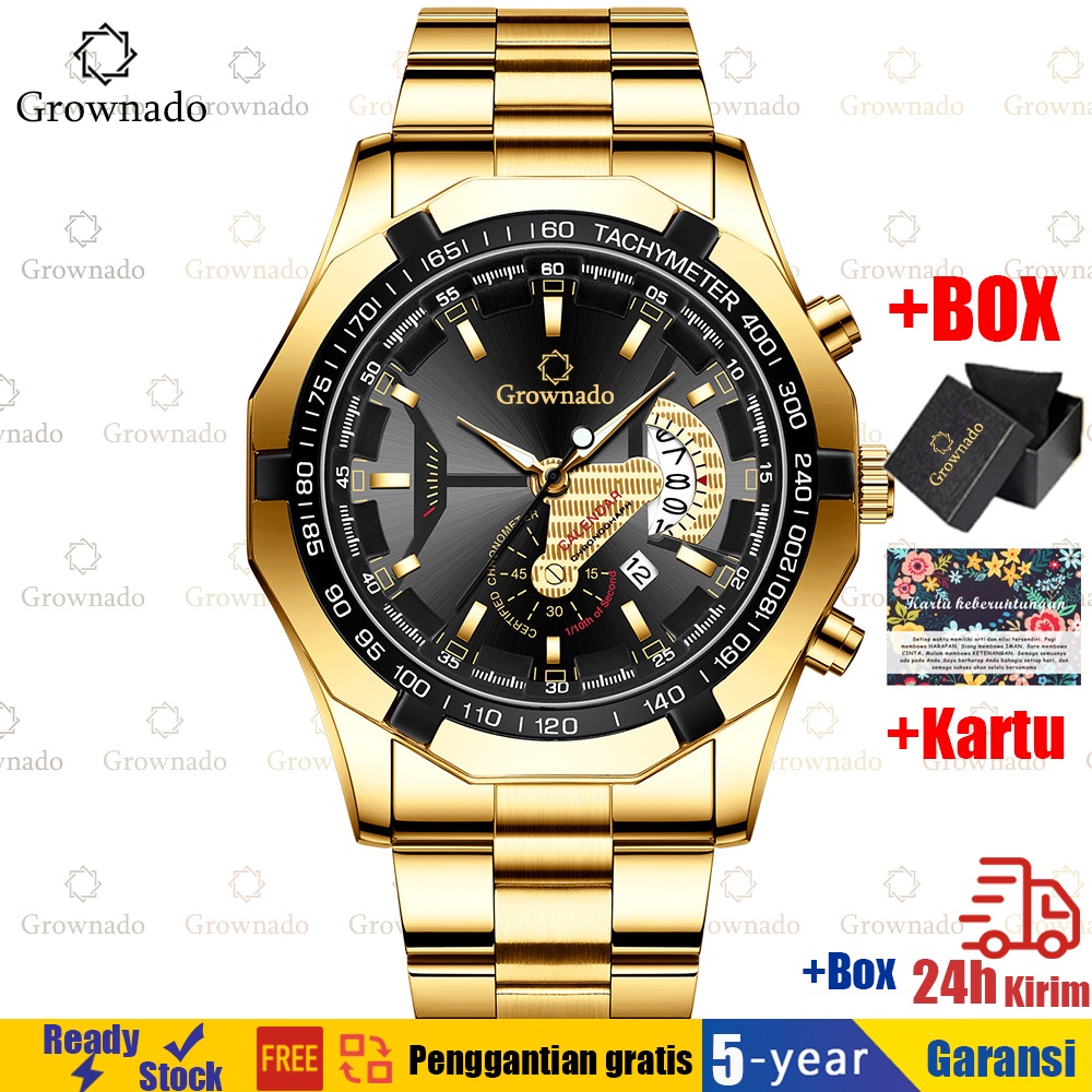 【Harga Terendah】✅Jam Tangan Pria ✔ Anti Air + Anti Gores Grownado Original Keren Fashion Watch Quartz Bisnis Kalender Stainless Steel (Free BOX-Kartu)-Gold-Black-K1 +BOX