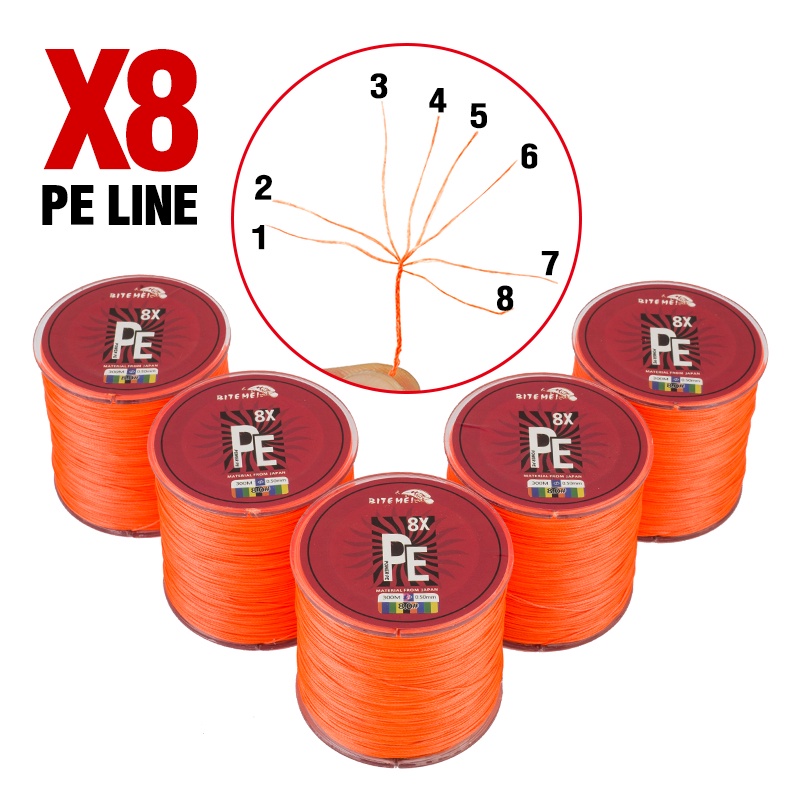 Biteme 8pcs Senar Pancing Multifilamen 8 Untai Bahan PE Super Kuat Warna Oranye 300m 10-82LB