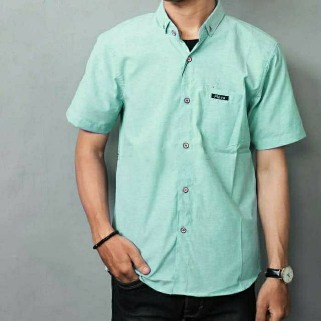 Baju Kemeja Pria Distro Polos Premium Murah Lengan Pendek Warna Hijau Tosca Kemeja Laki Laki