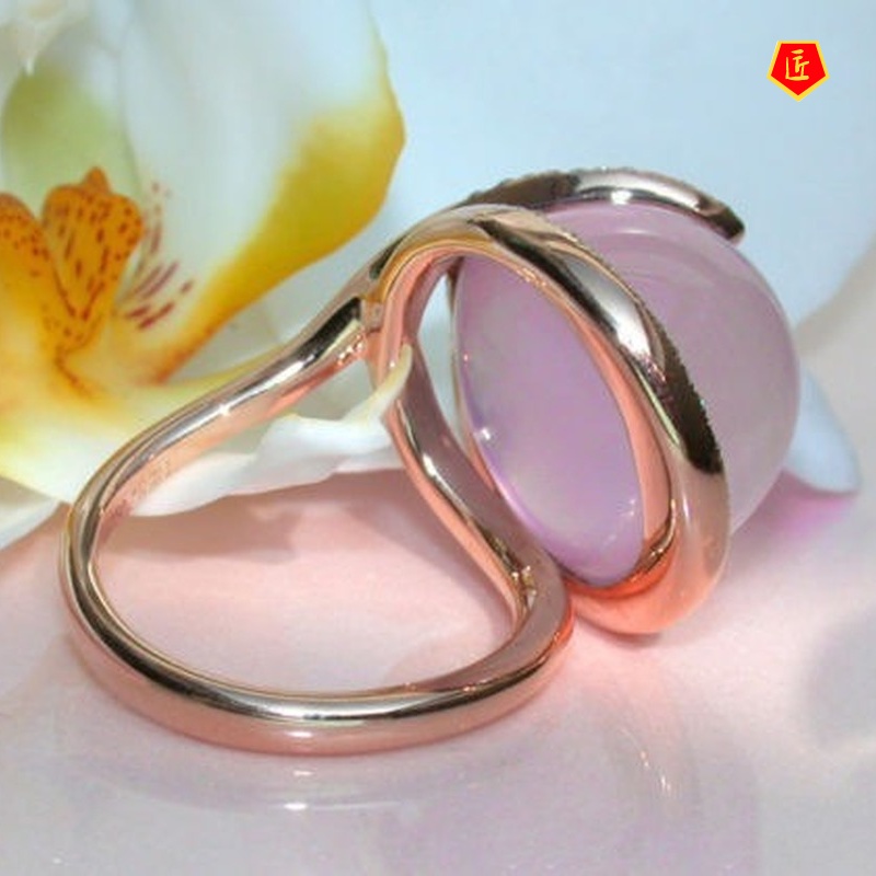 [Ready Stock]Pink Crystal Moonstone Diamond-Studded Ring Sweet and Elegant