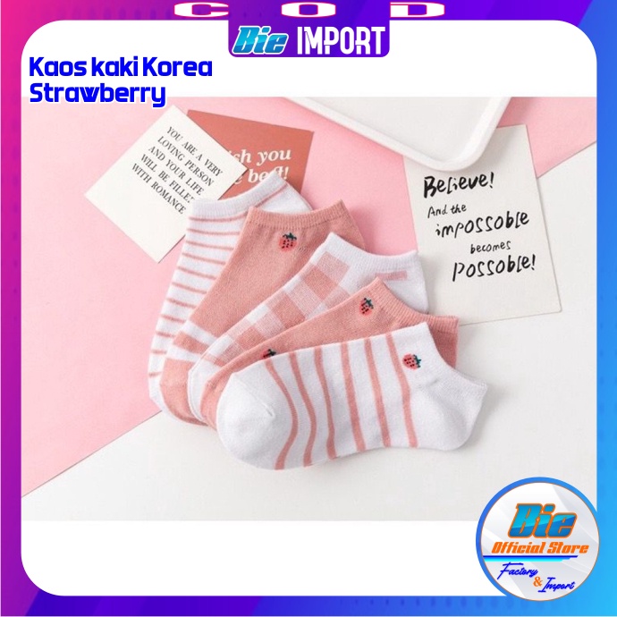 Kaos Kaki Korea Wanita Motif Strawberry Pink Impor Best Seller