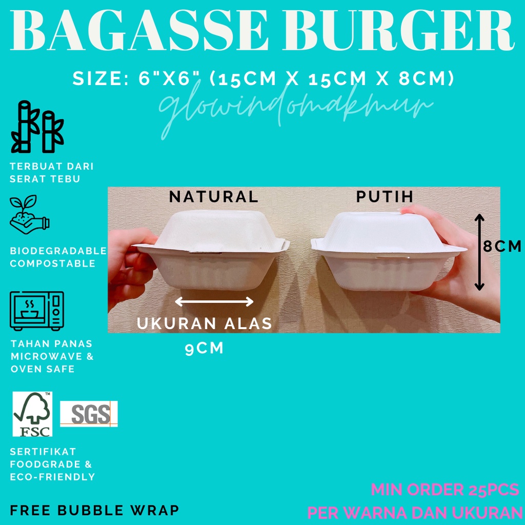 Bagasse Burger Kotak Kecil 15cm x 15cm 6inch Lunchbox Sugarcane Serat Tebu ECO FRIENDLY BENTO CAKE