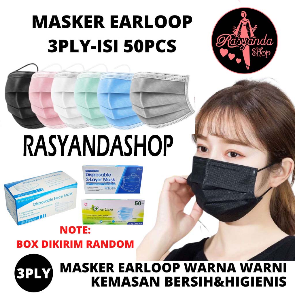 Masker 3 ply Earloop BUKAN HIJAB  Warna Warni Hitam,Putih,Hijau,Biru,Abu/Grey,Pink Disposable Mask isi 50 pcs