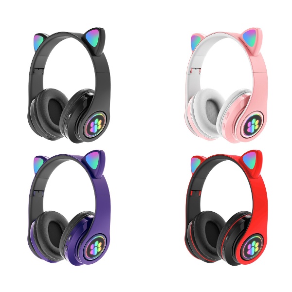 B39 JST28 Headset Anak Motif Kuping Kucing Bando Model Telinga / Handphone Bluetooth LED On-Ear Bass