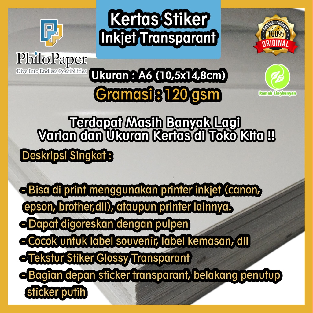 

Kertas Sticker Inkjet Transparan 120 Gsm A6