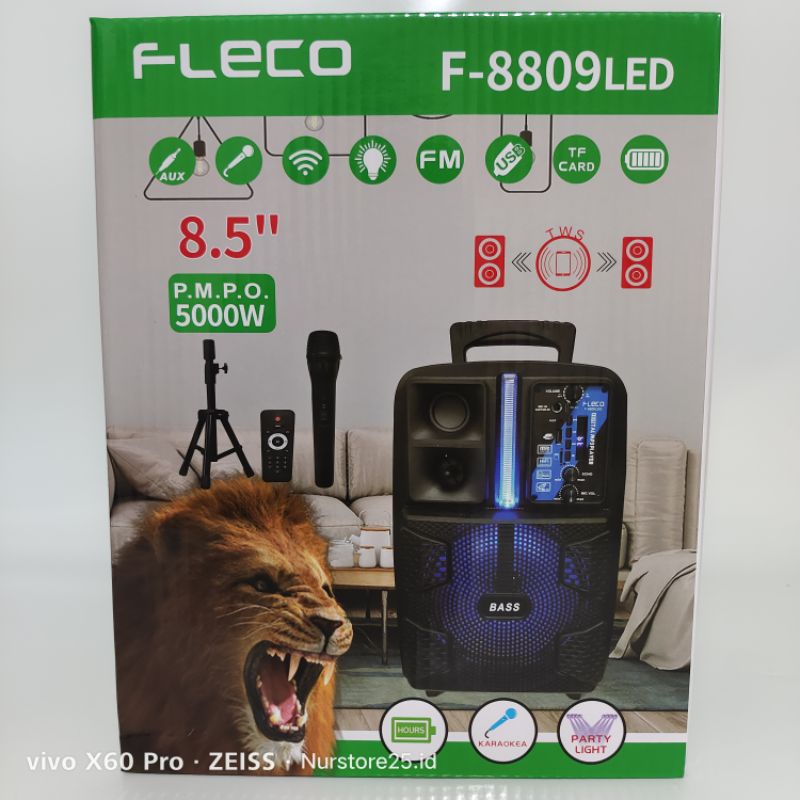 TERMURAH SPEAKER BLUETOOTH FLECO F 8809 LED 8'5 INCH FREE MIC WIRELESS KARAOKE + REMOTE + STAND - SPEAKER KARAOKE FULL BASS - Salon Aktif Extra Power Full Bass F-8809 LED