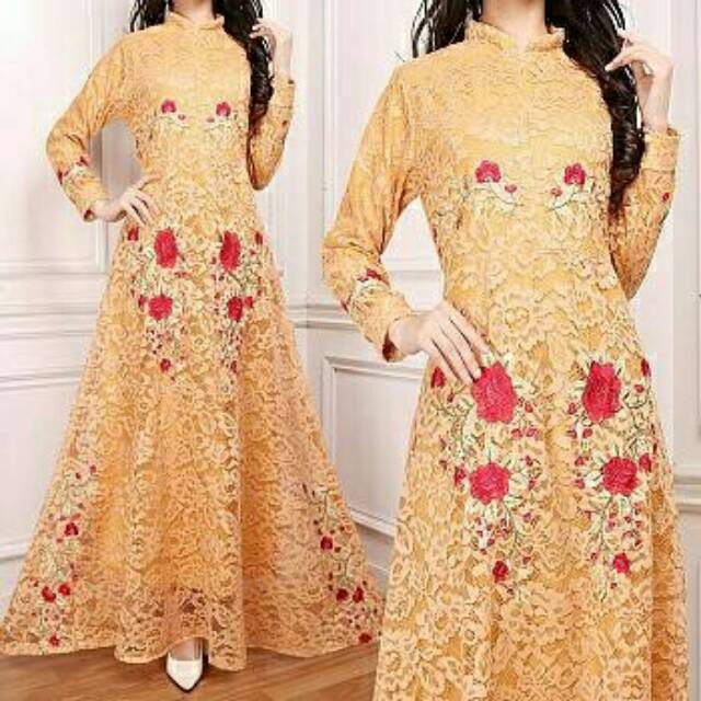 Maxi dress panjang brukat lavender ungu gold kuning