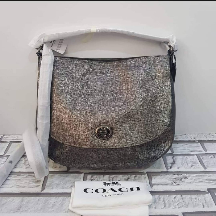 Tas Wanita Coach Pebbled Turnlock Hobo Gunmetal Original
