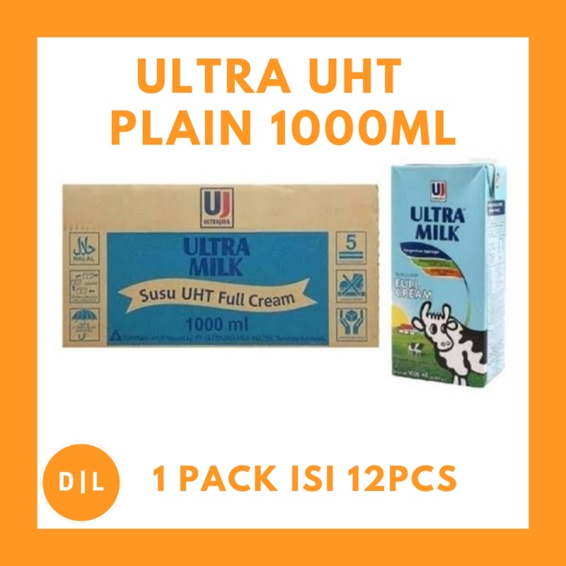 Susu ultra milk plain full crem UHT 1000 ml / dos isi 12 / karton 1 Liter / 1liter 1000ml