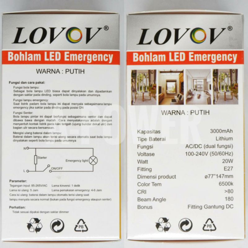 Lovov - Lampu LED Emergency Magic AC / DC 20W (Putih)